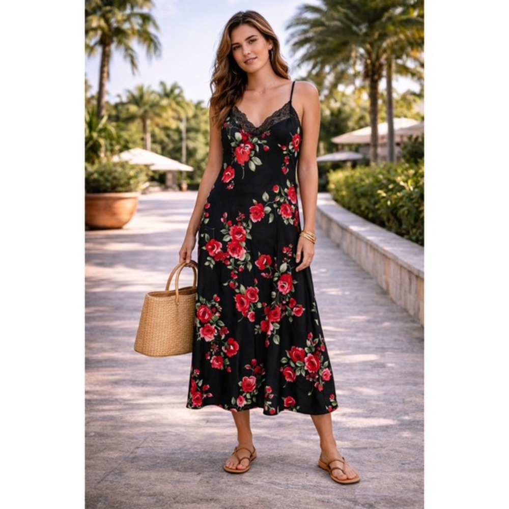 Apt. 9 Whimsigoth Gothic Floral Lace Trim Slip Dress Women M Black Red Romantic